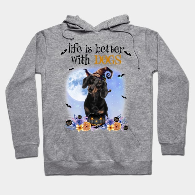 Dachshund Witch Hat Life Is Better With Dogs Halloween Hoodie by nakaahikithuy